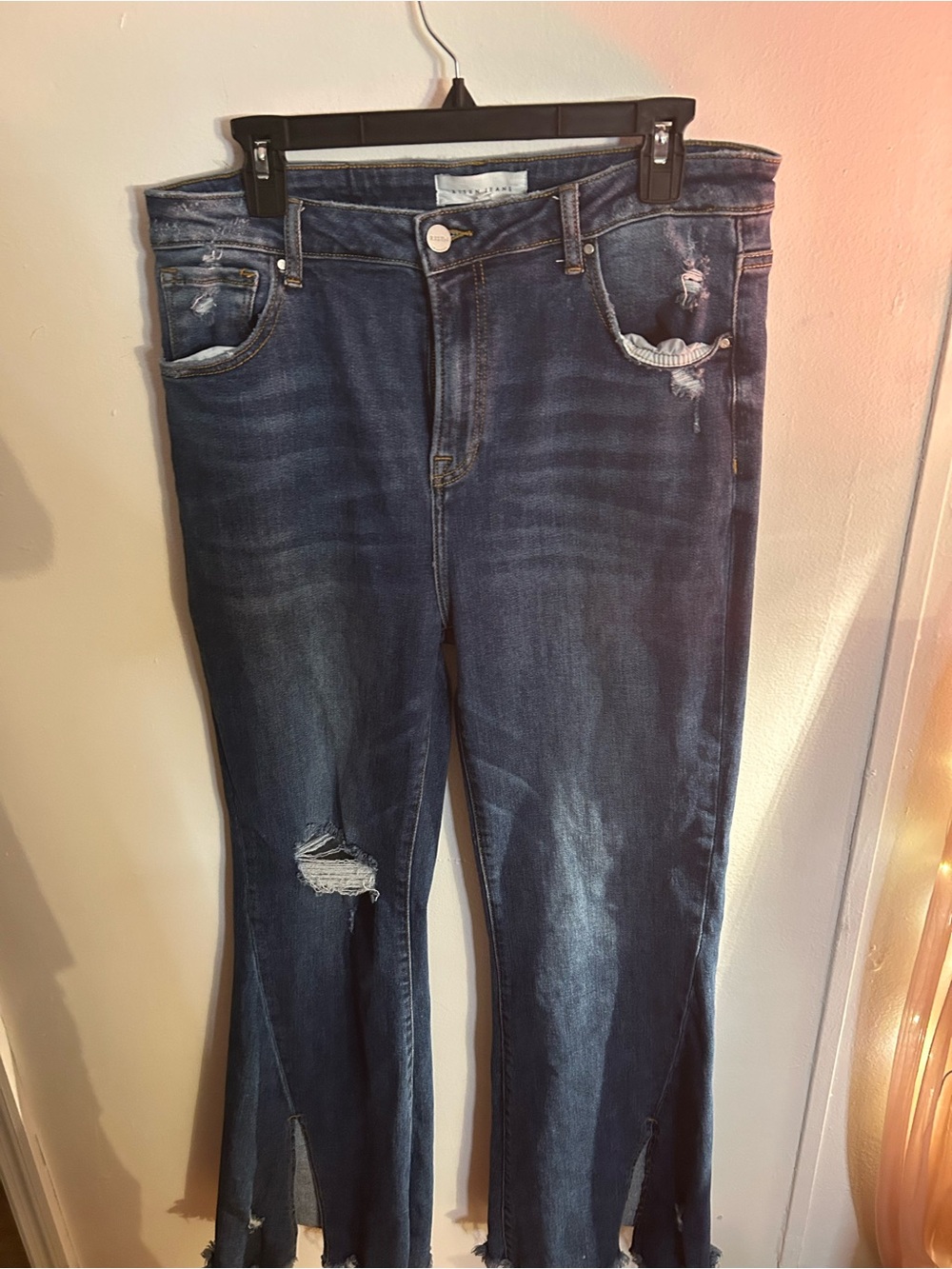 High-Rise Dark Blue Distressed Flare Jeans